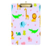 Portapapeles acrílico con diseño de animales del zoológico para enfermeras y oficina, tablero de clip de plástico con clip de perfil bajo, gancho para colgar, tablero de escritura de PVC transparente
