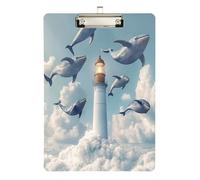 Portapapeles acrílico con diseño de ballenas volando alrededor del faro para enfermeras y oficina, tablero de clip de plástico con clip de perfil bajo, gancho para colgar, tablero de escritura de PVC