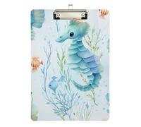 Portapapeles acrílico con diseño de caballito de mar azul, tamaño carta A4, portapapeles estándar plateado, ideal para estudiantes, oficina, escuela y enfermeras, 31,7 x 21,5 cm.