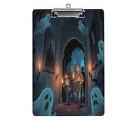 Portapapeles acrílico decorativo con diseño de castillo fantasma con clip de metal de perfil bajo para oficina, escuela, profesores, estudiantes, tamaño carta estándar de 12.5 x 8.5 pulgadas