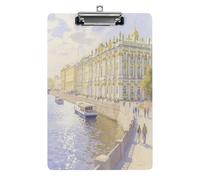Portapapeles acrílico decorativo con diseño de palacio de invierno y río Neva con clip de metal de perfil bajo para oficina, escuela, profesores, estudiantes, tamaño carta estándar de 12.5 x 8.5