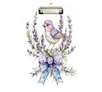 Portapapeles acrílico lavanda con un pájaro para enfermeras y oficina, tablero de clip de plástico con clip de perfil bajo, gancho para colgar, tablero de escritura de PVC transparente, color plateado