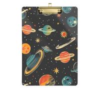 Portapapeles acrílico negro con diseño de planetas y estrellas del sistema solar, 12 x 9 pulgadas, para mujer, para dibujar, color dorado