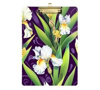 Portapapeles acrílicos para profesores con diseño de flores de iris blanco, hojas verdes, color morado, 12 x 9 pulgadas, para niños, suministros de oficina y escuela, color dorado