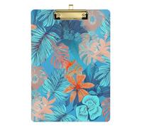 Portapapeles de flores tropicales con hojas azules para profesores, 12 x 9 pulgadas, portapapeles de acrílico clínico para niños, suministros de oficina escolares personalizados, color dorado
