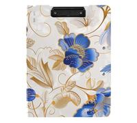 Portapapeles plegable elegante de encaje con flores azules y doradas, tamaño A4, con carpeta, doble clip, soporte para bolígrafos, clip de lactancia con tapa dura
