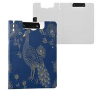 Portapapeles plegables con diseño de pavo real de ensueño, color dorado y azul, tamaño A4, con dos clips de metal, soporte para bolígrafos, tablero de clip de oficina con cubierta