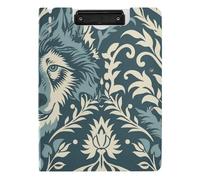 Portapapeles plegables estilo William Morris con diseño de lobo, color verde azulado, tamaño A4, carpeta horizontal y vertical, clips dobles para enfermería con cubierta
