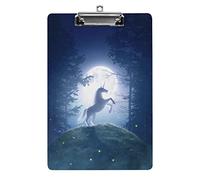 Portapapeles tamaño A4 con diseño de unicornio de cuento de hadas en un bosque nocturno a la luz de la luna, divertido, estético, para trabajar, estudiar, carta, tablero con clip estándar de 12,5 ×