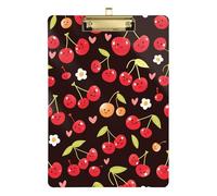 Portapapeles transparente con fondo negro de dibujos animados de cerezas rojas A4 XL para profesores de enfermería, tamaño 9 x 12 pulgadas