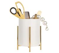 Portapenne in Ceramica,Portamatite da scrivania di forma rotondo, Con protezione telaio in ferro-Ø 15CM, olore:bianco e oro
