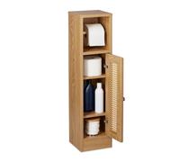 Relaxdays Portarrollos de Pie con Puerta Tejida, Armario de Baño, 80 x 20,5 x 21 cm, Efecto Madera, Estrecho, Marrón
