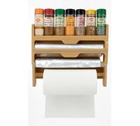 Portarrollos de Cocina de Pared CoquitoBeauty en Madera Bamboo- Soporte Multifuncional para 3 Rollos con Compartimento para Especies y Film Trasparente - Organizador de Cocina