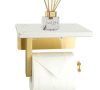 Portarrollos de papel higiénico con estante, soporte para papel higiénico de mármol dorado y blanco, estante de acero inoxidable cepillado, montaje en pared para cocina y baño (dorado)