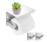 Portarrollos de papel higiénico sin taladrar, soporte de acero inoxidable para papel higiénico sin taladrar con estante, soporte para papel higiénico con 2 ganchos adhesivos, instalación adhesiva e