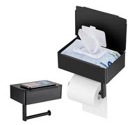 Portarrollos Papel Higienico Adhesivo con Caja para Toallitas, Porta Rollos de Papel Higienico de Pared Sin Taladro en Acero Inoxidable, Negro Organizador para Baño con Estante y Almacenamiento Oculto