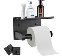 Portarrollos Papel Higienico, Montado Pared y Autoadhesivo, Porta Rollos Papel Higiénico Acero Inoxidable con 2 Ganchos Toallas, Accesorios Baño con Estante Almacenamiento Teléfono Móvil(Negro Mate)