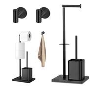 Portarrollos Papel Higienico - Soporte Papel Higienico de Pie con Escobillero + 1 (UN) Gancho Adhesivo para Pared - Porta Rollos de Papel Higienico Acero Inoxidable sin Taladrar para Baño (Negro)