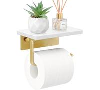 Portarrollos para Papel Higiénico Adhesivo con Estante de Bambú, Portarrollos Baño Soporte Papel higienico Aluminio Porta Rollos Soporte Cepillado Blanco Oro (White-Gold)