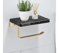 Portarrollos para Papel Higiénico Adhesivo con Estante de Bambú, Portarrollos Baño Soporte Papel higienico Aluminio Porta Rollos Soporte Cepillado Blanco Oro (Black-Gold)