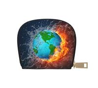Portatarjetas de crédito RFID con diseño de rosas doradas, silueta de flores, pequeña cartera de piel con cremallera para mujeres y hombres, Globe Fire and Water, Talla única