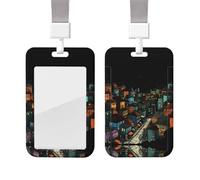 Portatarjetas de identificación con diseño de casas y calles de dibujos animados, con cordón, estuche protector vertical para tarjetas, con ventana transparente, portatarjetas de identificación desliz