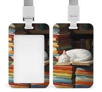 Portatarjetas de identificación con diseño de gato blanco durmiendo en la parte superior de un libro abierto, soporte retráctil para tarjetas, protector de tarjetas, placa de nombre, para trabajo