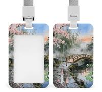 Portatarjetas de identificación con diseño de puente de cerezo en flor, con cordón desmontable, de plástico ABS. Soporte vertical transparente con ventana frontal y cierre deslizante. Protector de ta