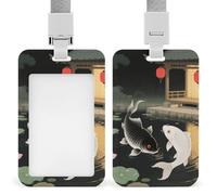 Portatarjetas de identificación de peces japoneses Yin Yang Koi con cordón separable, soporte para tarjetas de trabajo resistente, vertical transparente, soporte para etiquetas de nombre para