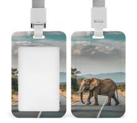 Portatarjetas de identificación de plástico, protector vertical para tarjetas de identificación con cordón, diseño de elefante cruzando la carretera, etiquetas de nombre, tarjetas de llaves, clip de