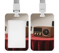 Portatarjetas de identificación de radio de madera vintage con cordón desmontable, portatarjetas de plástico ABS, ventana frontal transparente vertical, protector de tarjetas deslizante, regalo para