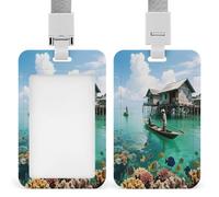 Portatarjetas de identificación vertical con impresión de pueblos en el mar, adecuado para oficina, escuela, tarjeta de identificación, tarjeta de proximidad, licencia de conducir y pase