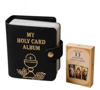 Portatarjetas de oración católico de piel auténtica, organizador de bolsillo con cierre a presión, estuche portátil para tarjetas devocionales, ideal para la oración diaria y como regalo (Black)