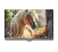 Portatarjetas de visita con diseño de caballo desde la ventana, diseño de flores, delgado, de metal, para tarjetas de crédito, para hombres y mujeres, 9,4 x 5,6 x 0,8 cm, Estilo:, Talla única