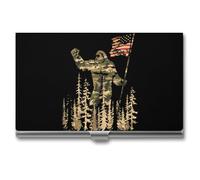 Portatarjetas de visita con diseño de camuflaje de Bigfoot con bandera de Estados Unidos, estuche delgado de metal para tarjetas de crédito, organizador para hombres y mujeres, 9.4 cm x 5.6 cm x 0.8