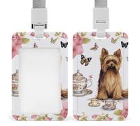 Portatarjetas de Yorkshire Terrier resistente para fiestas de té, mariposas, rosas, portatarjetas transparentes con cordón separable, impermeable, vertical, regalo para profesores, enfermeras, médicos