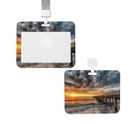 Portatarjetas deslizante con cordón, estuche protector para tarjetas con ventana transparente, etiqueta vertical para tarjetas de identificación y crédito, diseño de playa, mar, puente, nubes y puest