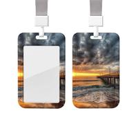 Portatarjetas deslizante con cordón, estuche protector para tarjetas con ventana transparente, etiqueta vertical para tarjetas de identificación y crédito, diseño de playa, mar, puente, nubes y puest
