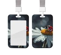 Portatarjetas deslizante con cordón, portatarjetas de identificación vertical, etiqueta de plástico con mariquita sobre flor de margarita, estuche protector para tarjetas con ventana transparente para