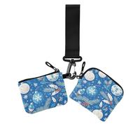 Portatarjetas para mujer, diseño de campana de acebo, color azul y blanco, con texto en inglés "Happy Christmas Holly Bell", soporte delgado y desmontable con llavero para mujer, 2 unidades, Campana