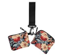 Portatarjetas retro de granadas rojas con patrón de flores rojas para mujer, organizador de dinero de gran capacidad con llavero para el trabajo, viajes, 2 paquetes, Patrón retro de granadas rojas y