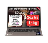 Portátil 17" LG gram Pro 17Z90UB, Copilot+ PC, Windows 11 Home, Intel® Core™ Ultra X9, 32 GB RAM, 1TB SSD, Intel® Arc™ B390 graphics, Pantalla IPS Touch (2560*1600), ligero, 1.539 g, 26.5 h, AI, Choco