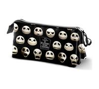 Portatodo Triple de Navidad Disney Jack Skellington, 3 Compartimentos con Cremallera, 23x11x7 cm, Estuche Escolar y Viaje, Negro con Calaveras, Regalo Original