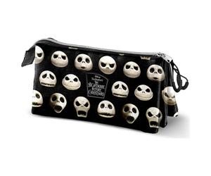 Portatodo Triple de Navidad Disney Jack Skellington, 3 Compartimentos con Cremallera, 23x11x7 cm, Estuche Escolar y Viaje, Negro con Calaveras, Regalo Original