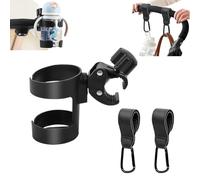 Portavasos Carrito Bebe, Portavasos para Cochecito de Bebé con 2 Ganchos, Universal 360 Grados Ajustable Soporte de Bebidas, Porta Vasos para Silla de Ruedas, Bicicletas y Carritos, Negro
