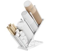 Portavasos y portavasos ajustable - Organizador portavasos café con dispensador para desechable de 4 compartimentos cesta porta pajitas monodosis para estación de café bar de metal, blanco