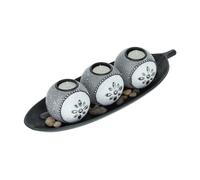 Relaxdays Portavelas Bandeja y Piedras Decorativas, 40,5 cm Largo, Centro Mesa Salón, Candelero, Gris, Negro y Blanco