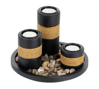 Relaxdays Set Portavelas con Bandeja y Piedras Decorativas, Ø 19,5 cm, 3 Velitas, Decoración de Mesa, Negro/Marrón