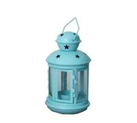Portavelas Colgante Estilo Europeo de Hierro y Vidrio Soporte Vintage Prueba de Viento Lámpara de Vela Pequeña Azul Cielo para Decoración del Hogar