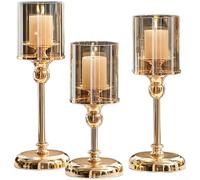Portavelas de cristal vintage con base de hierro metálico para iluminación decorativa en espacios de estar, dormitorio, comedor y eventos (paquete combinado dorado)